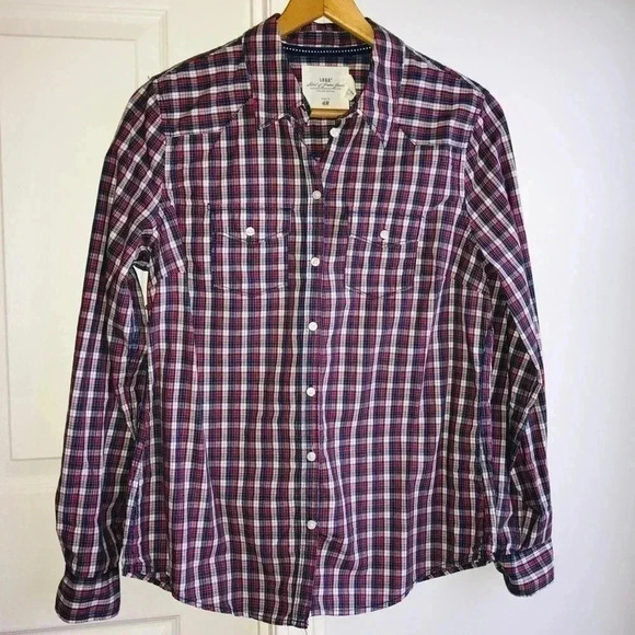 H&M Women’s 12 Large Lightweight Red Blue Plaid Long Sleeve Casual Button Down - Picture 1 of 4